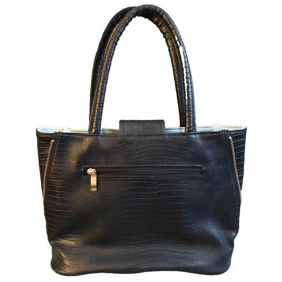 Navy Blue Crocodile Accent Two Handled Leather Purse Geir Ness Norway Laila - Picture 6 of 9